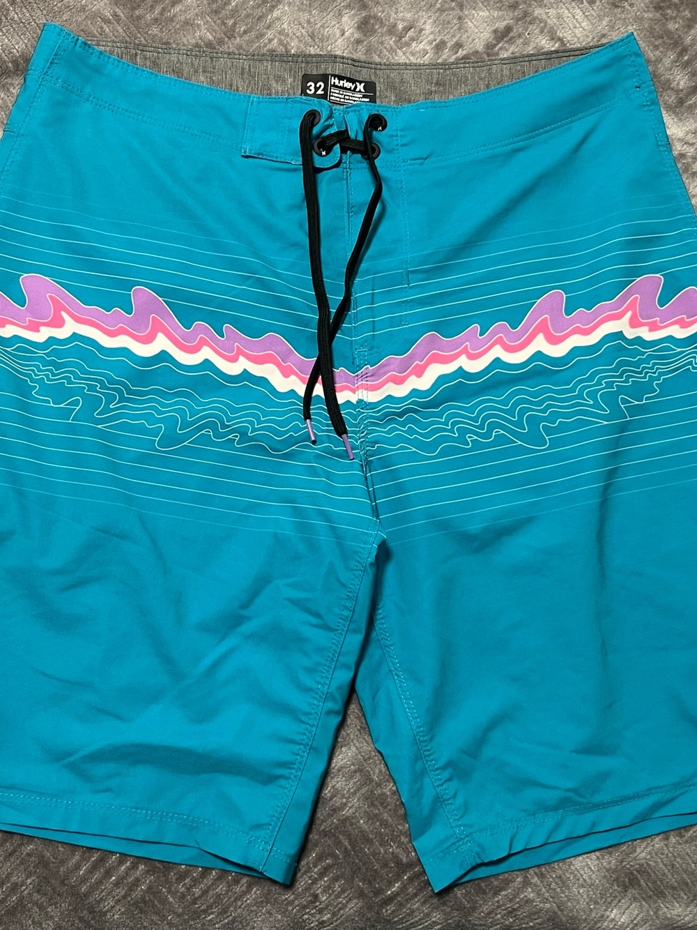 Hurley Teal Swim Trunks with Pink and White Wave Stripe